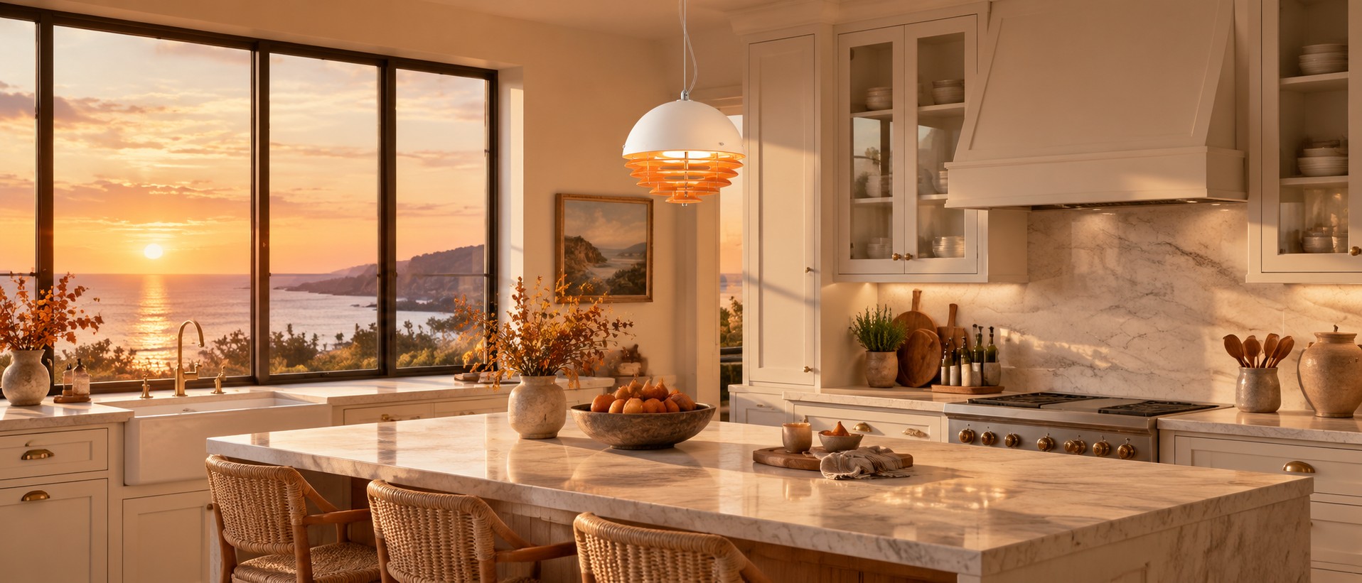 Suspension lumineuse dans une cuisine ouverte au coucher du soleil