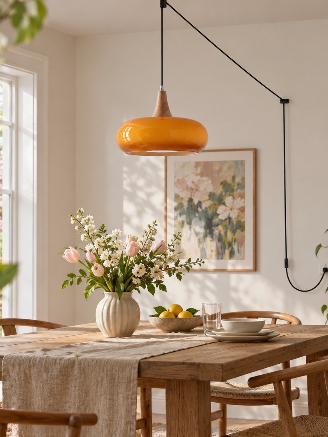 Table de cuisine — verre ambré au-dessus de la table, pris sur le mur