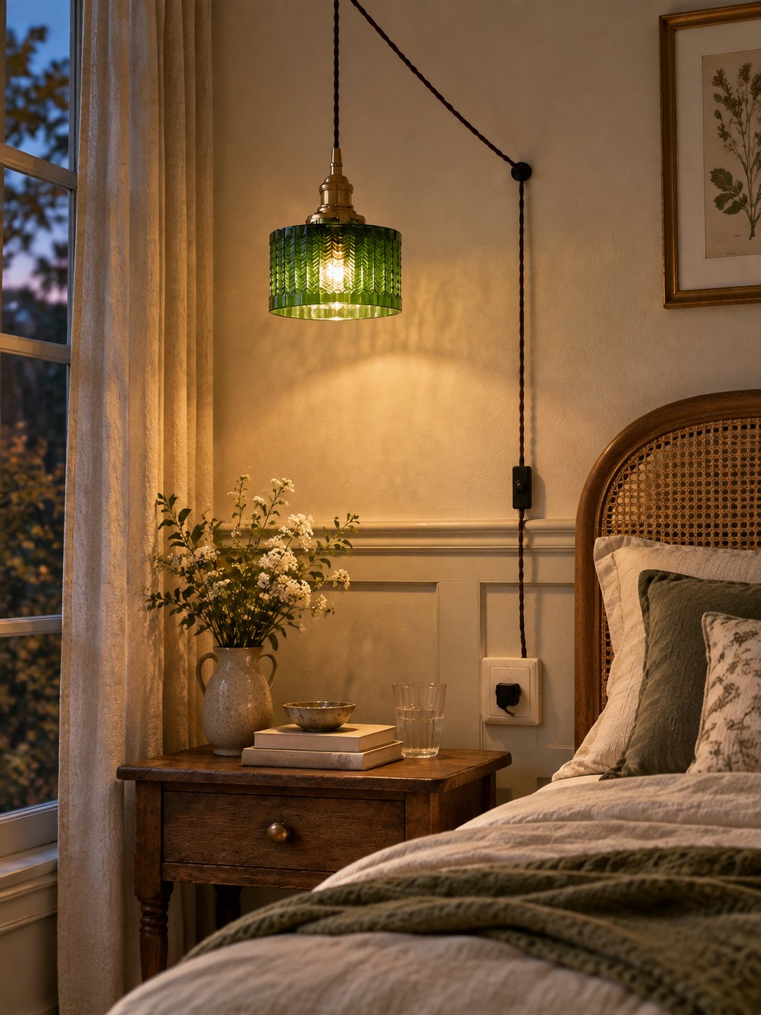 Espace nuit — verre vert chevron pour lire au lit, pris sur le mur