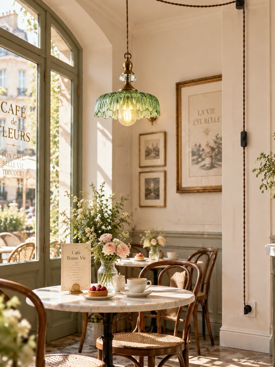 Coin café — fleur de verre vert près de la fenêtre, branchée au mur