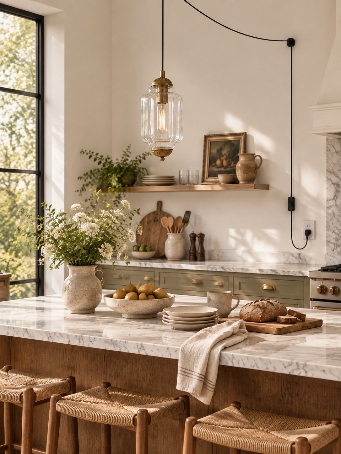 Îlot de cuisine — verre cannelé au-dessus du plan, pris sur le mur