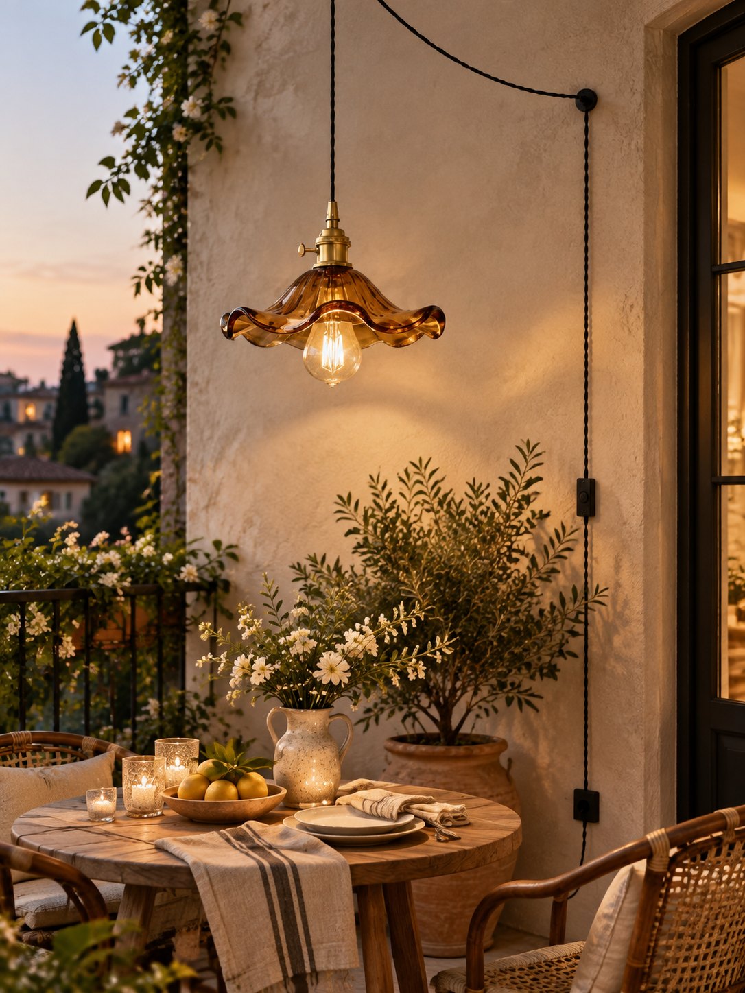 Terrasse — fleur de verre branchée au mur pour les soirées dehors