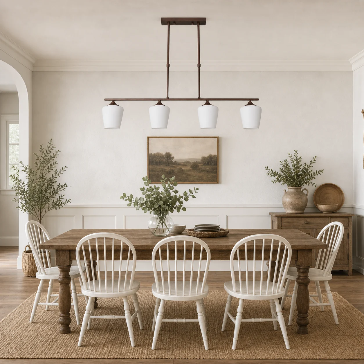 Strellux four-light chandelier above a rustic dining table