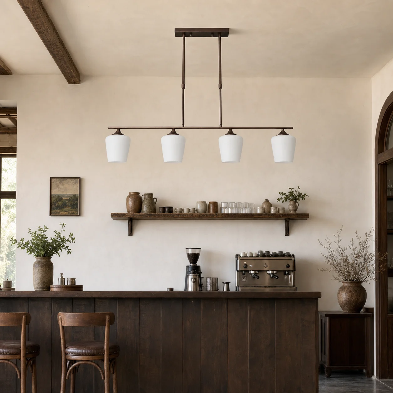 Strellux four-light chandelier above a home bar