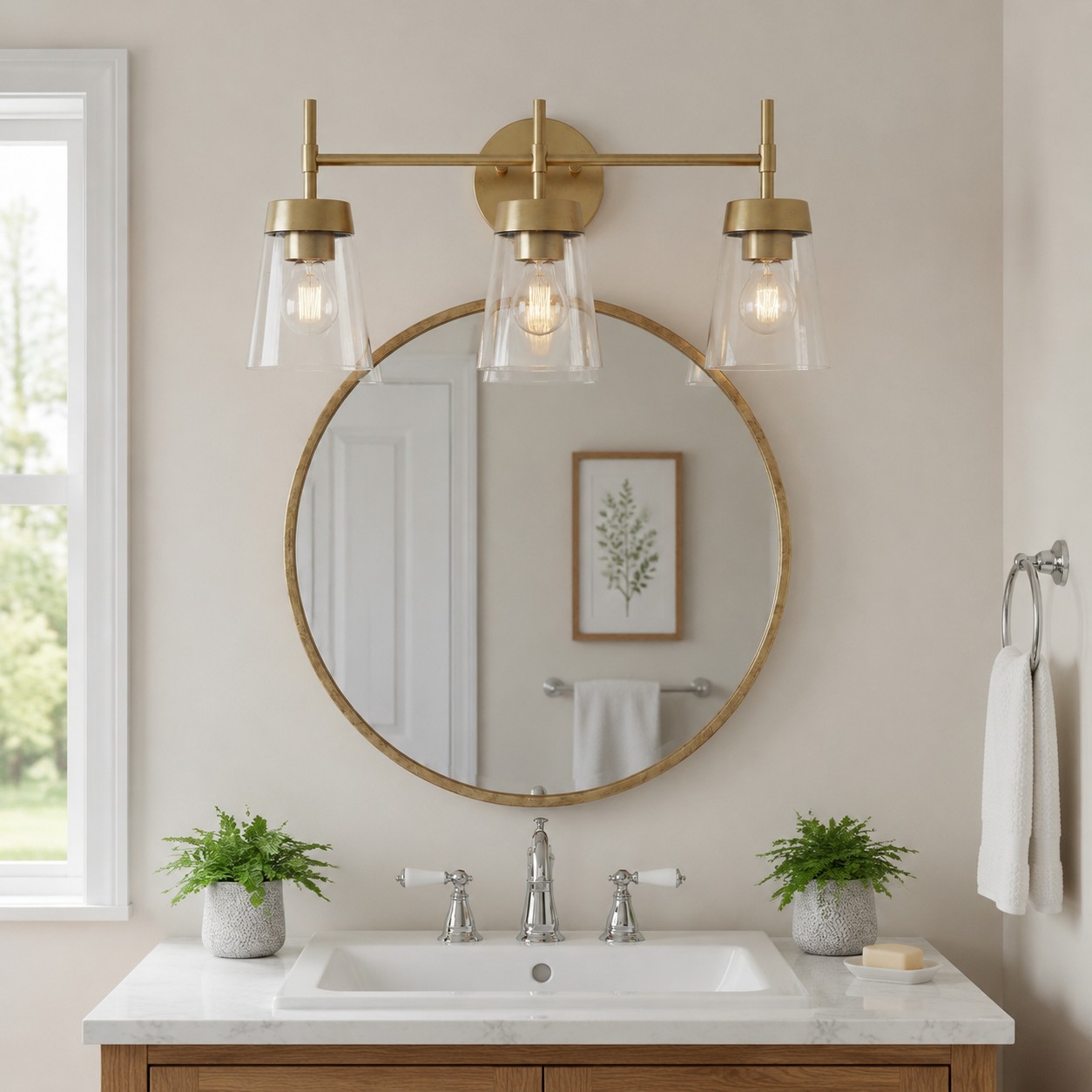 Salle de bains avec une applique miroir en laiton à trois lumières