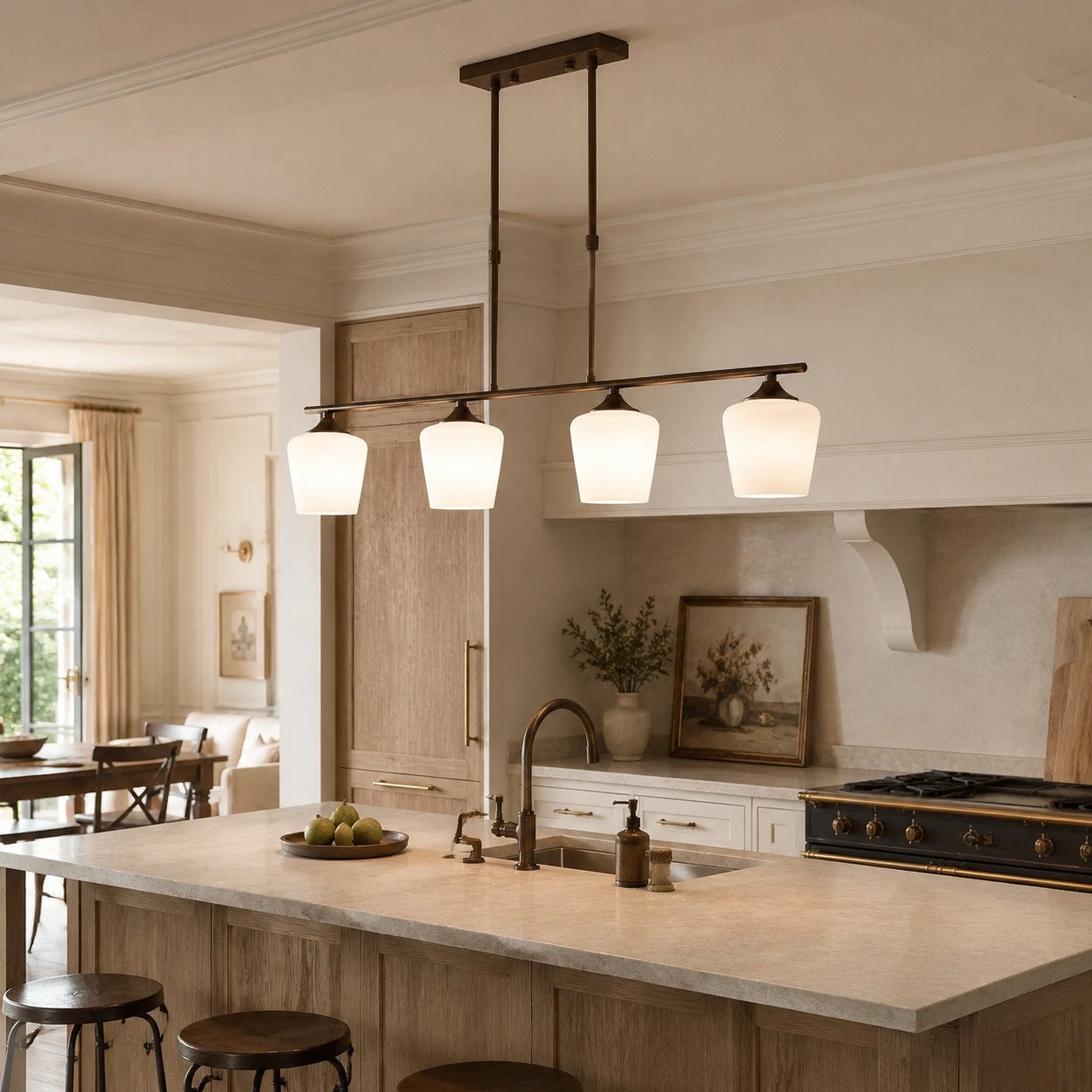 Strellux four-light chandelier above a kitchen island