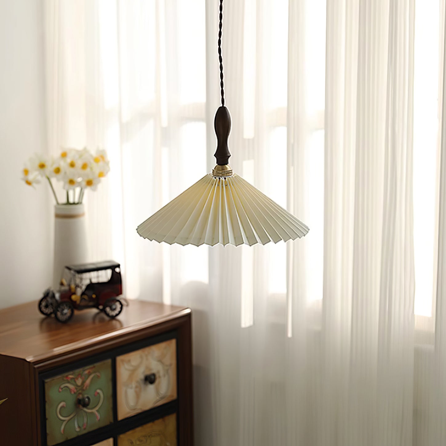 White Fabric Walnut Brass Plug-In Pendant