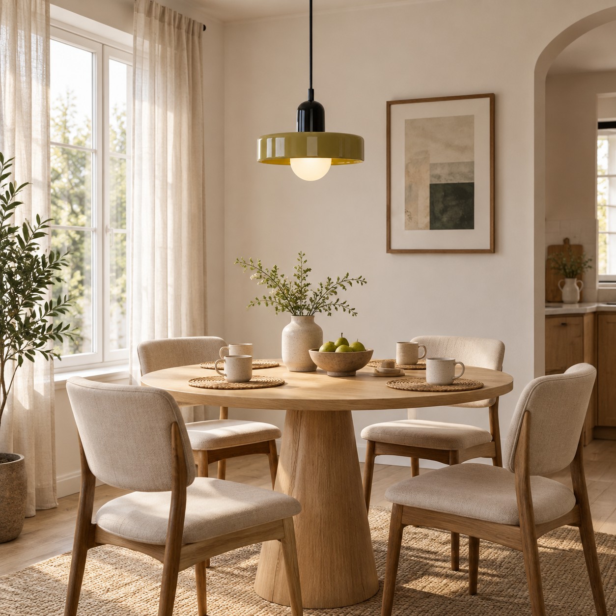 Groene Corinthian hanglamp boven ronde eettafel