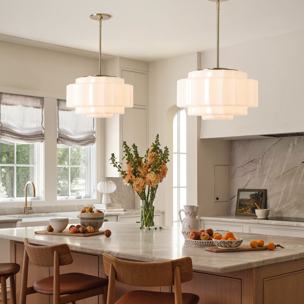 Antique Brass Tiered Opal White Glass Pendant Light