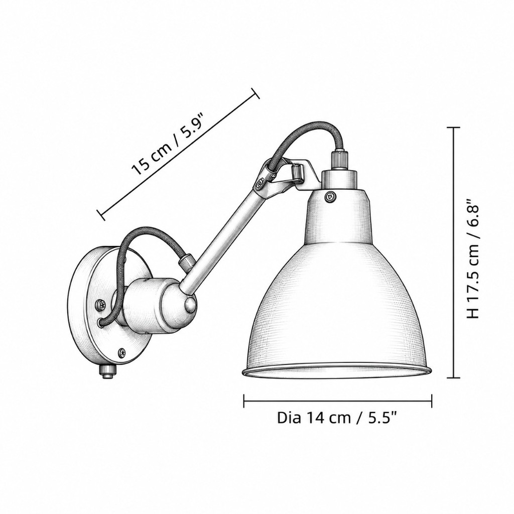 Maattekening van model A, arm 15 cm, hoogte van de kap 17,5 cm, diameter 14 cm