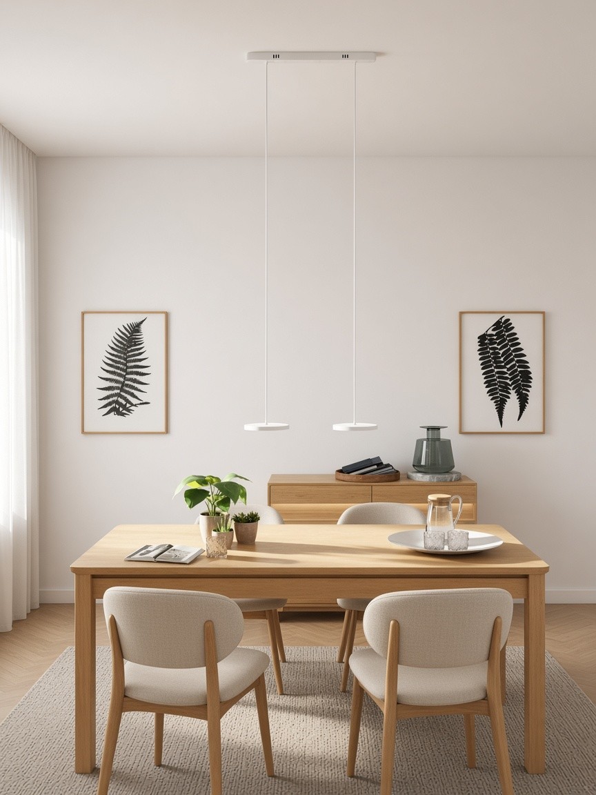 Witte hanglamp met twee lichtpunten boven een eettafel.