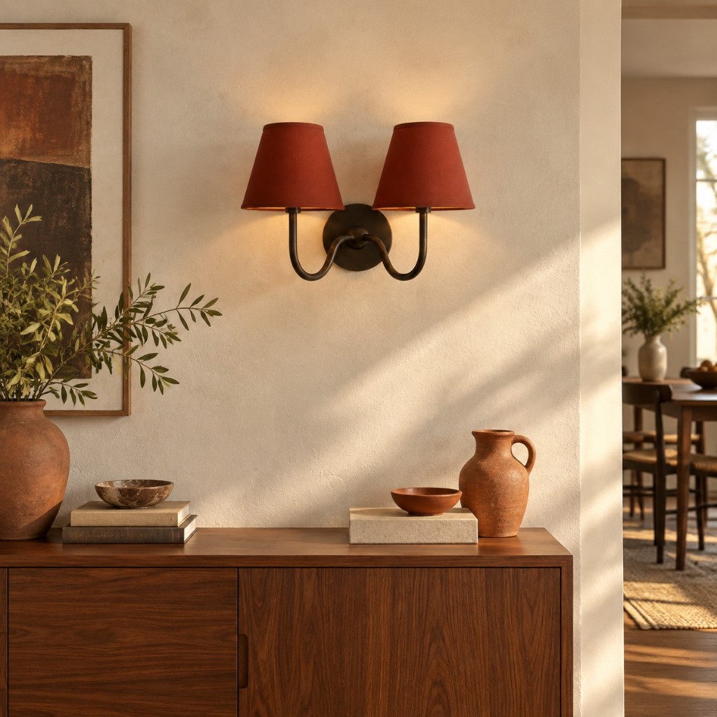 Luvora 2-lichts terracotta wandlamp boven een walnotenhouten dressoir.