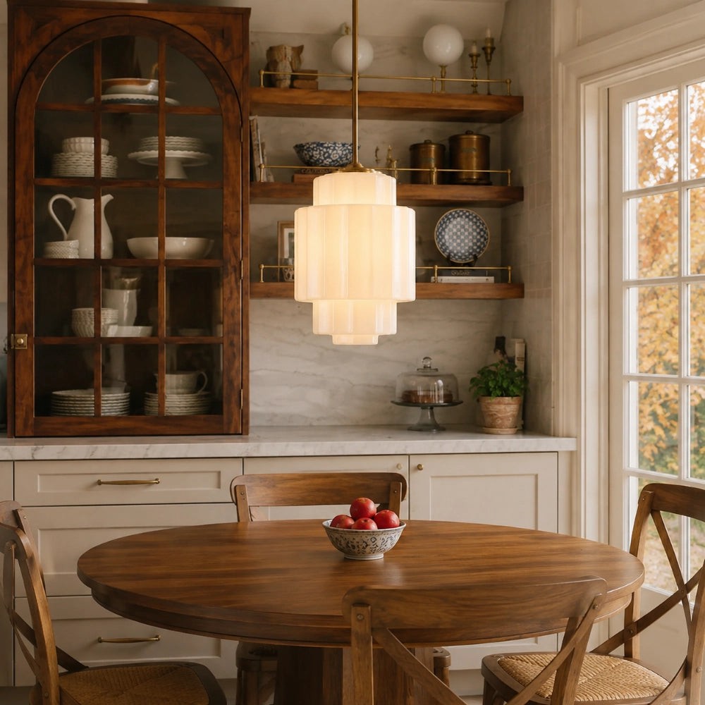 Antique Brass Tiered Opal White Glass Pendant Light