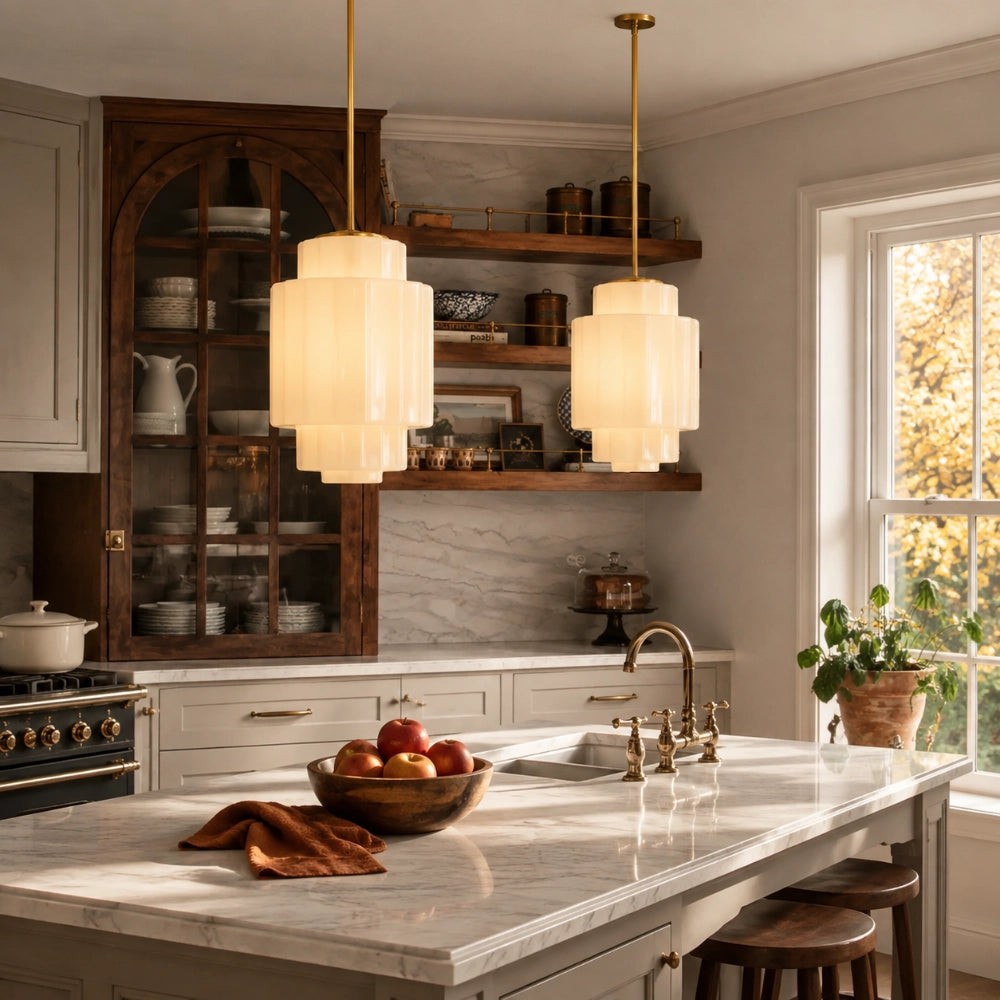 Antique Brass Tiered Opal White Glass Pendant Light