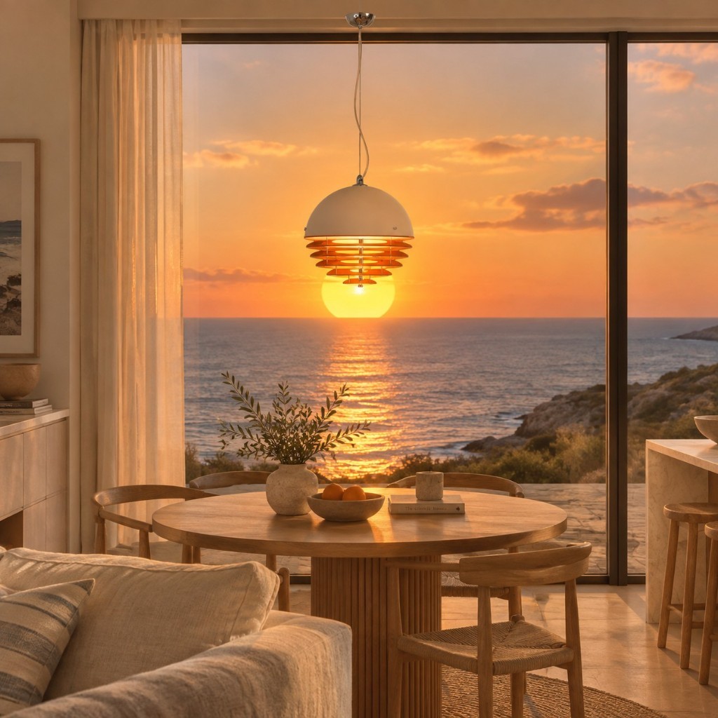 Oranje en witte Sunset hanglamp boven een eettafel bij schemering