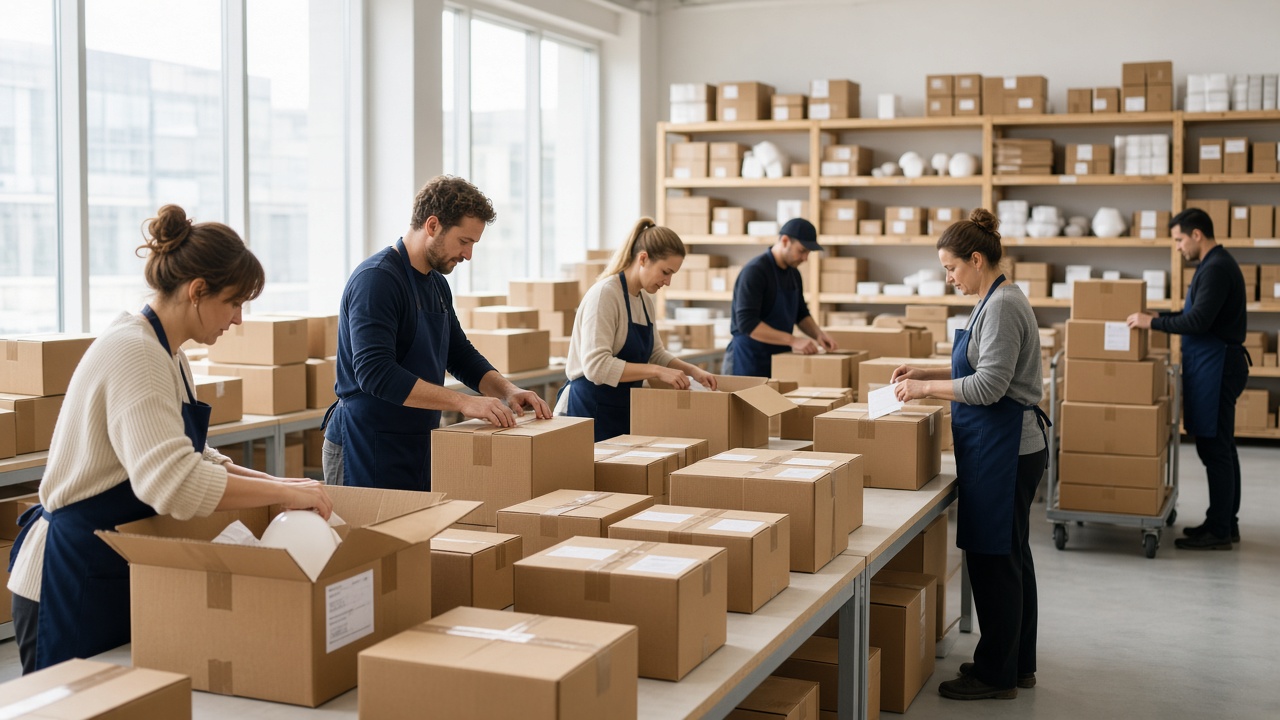 Medewerkers die inpakken in het Europese magazijn