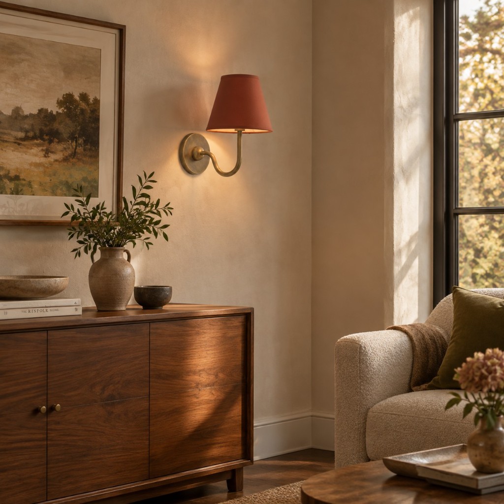 Luvora messing wandlamp met mosterdgele kap boven het dressoir in de woonkamer.