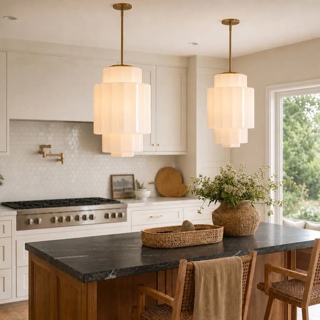 Antique Brass Tiered Opal White Glass Pendant Light