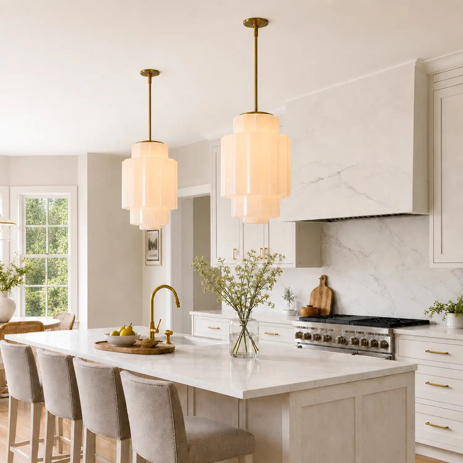 Antique Brass Tiered Opal White Glass Pendant Light