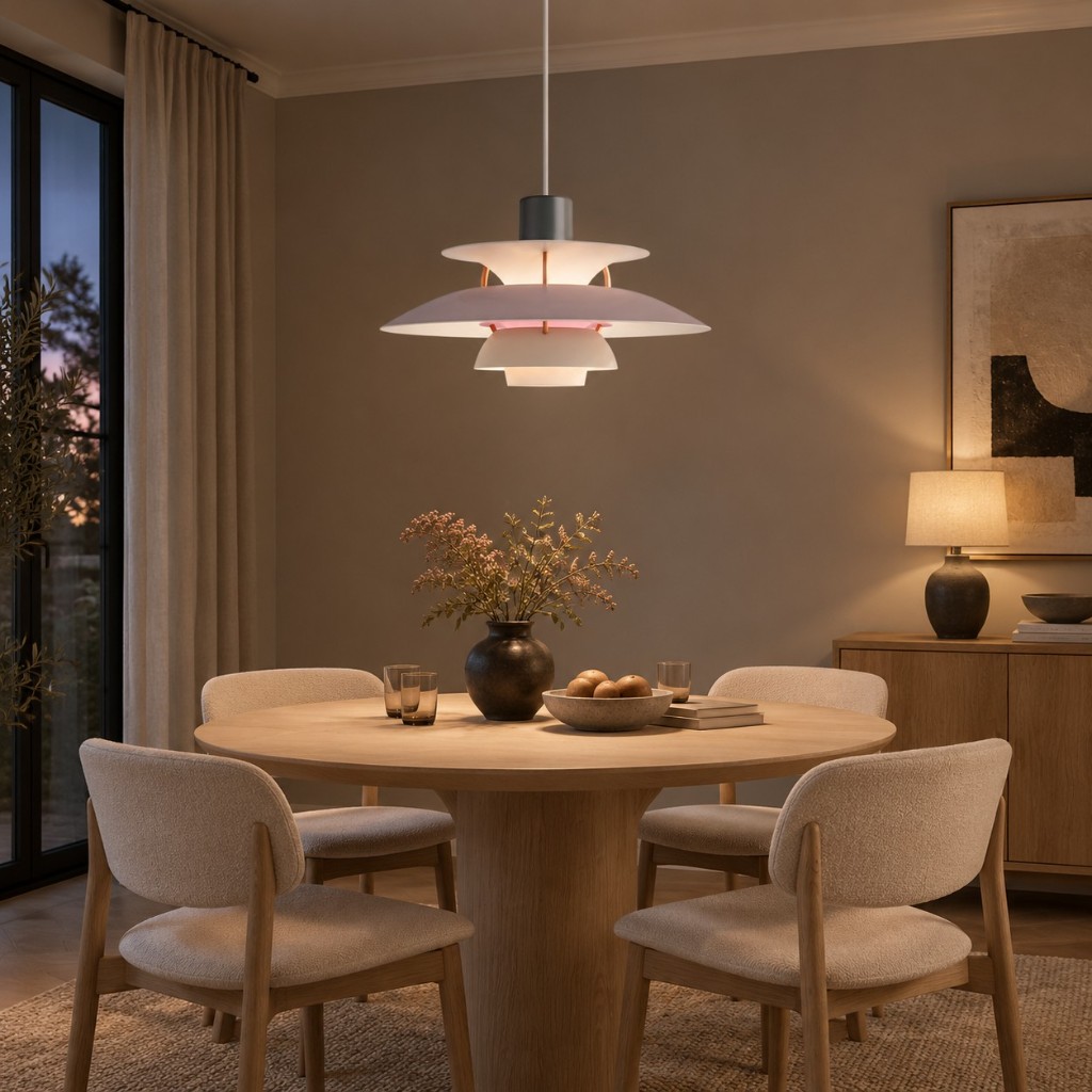 Witte, moderne, meerlaagse hanglamp in de eetkamer.