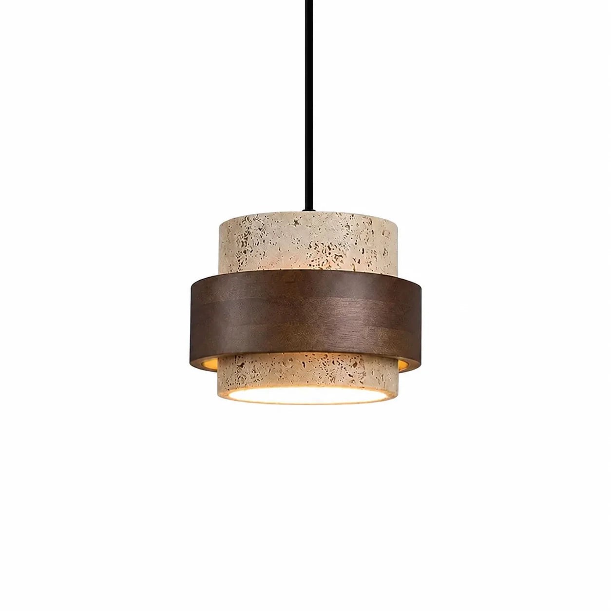 1-Light travertine and walnut cylinder pendant