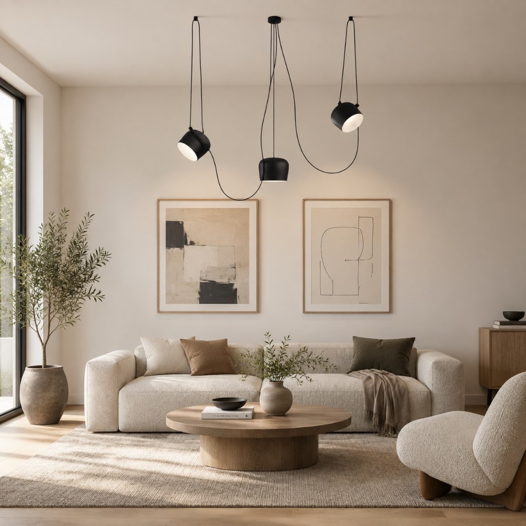 Zwarte hanglamp met drie lichtpunten boven een bank in de woonkamer.