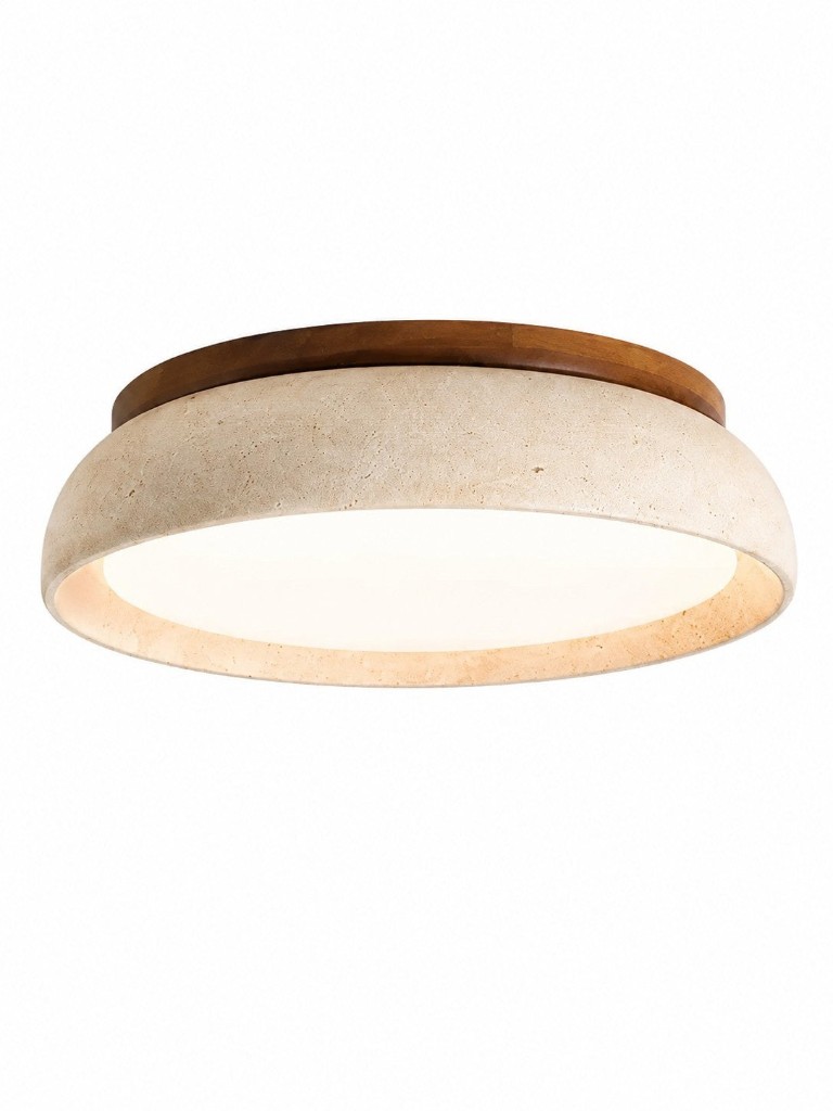 Platte trommelvormige travertin plafondlamp