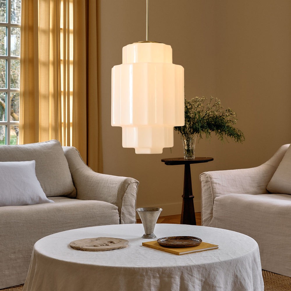 Antique Brass Tiered Opal White Glass Pendant Light
