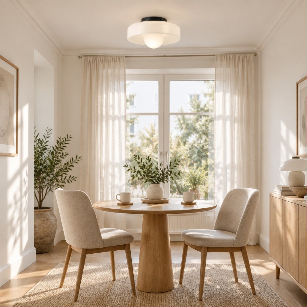 Witte Glasenti Halo-lamp in een lichte eetkamer.