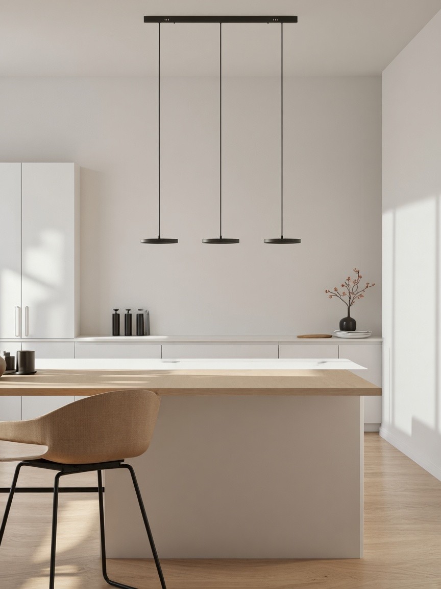 Zwarte hanglamp met 3 lichtpunten boven een keukeneiland.