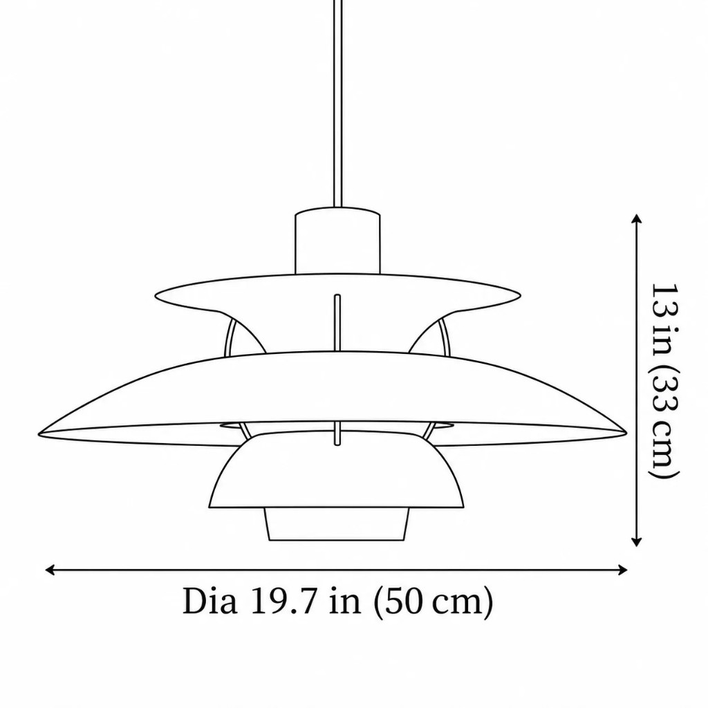 Lijntekening, diameter 19,7 inch of 50 cm, hoogte 13 inch of 33 cm