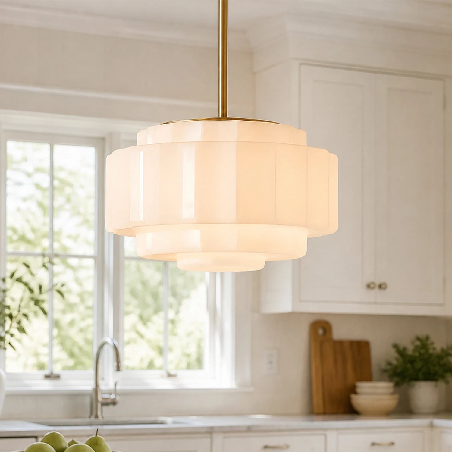 Antique Brass Tiered Opal White Glass Pendant Light