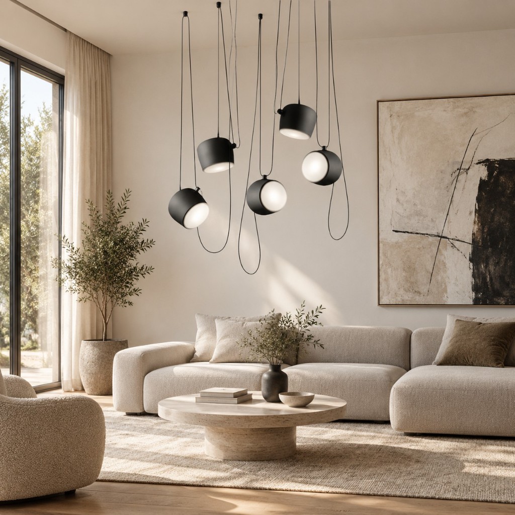 Zwarte hanglamp met 5 lichtpunten boven een bank in de woonkamer.