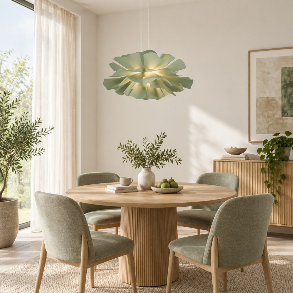 Saliegroene bloemen boven een eettafel