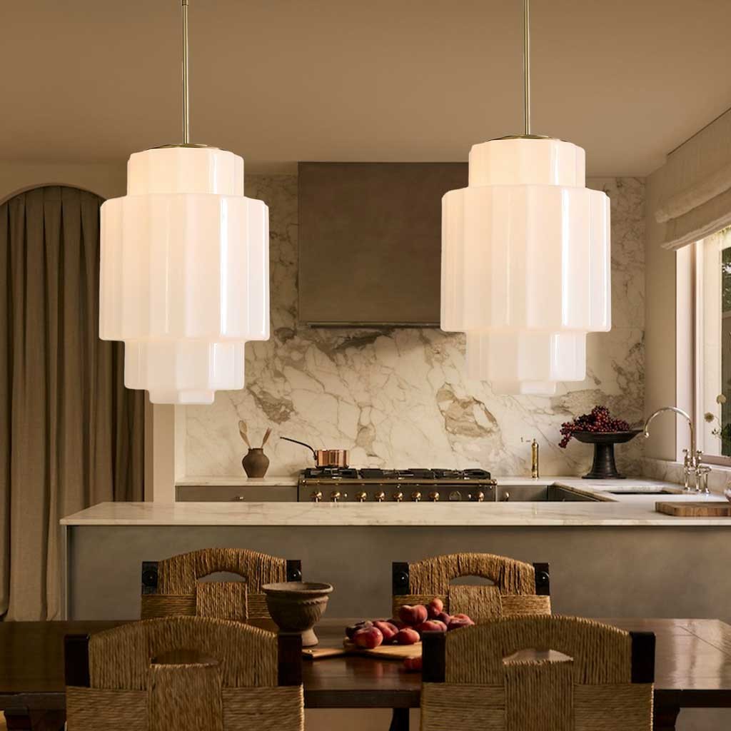 Antique Brass Tiered Opal White Glass Pendant Light