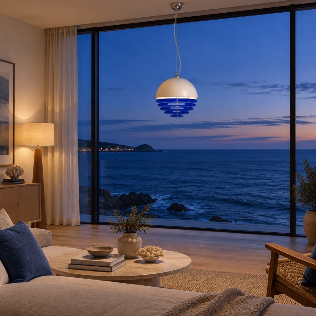 Kleine blauwe Sunset hanglamp in een woonkamer bij schemering