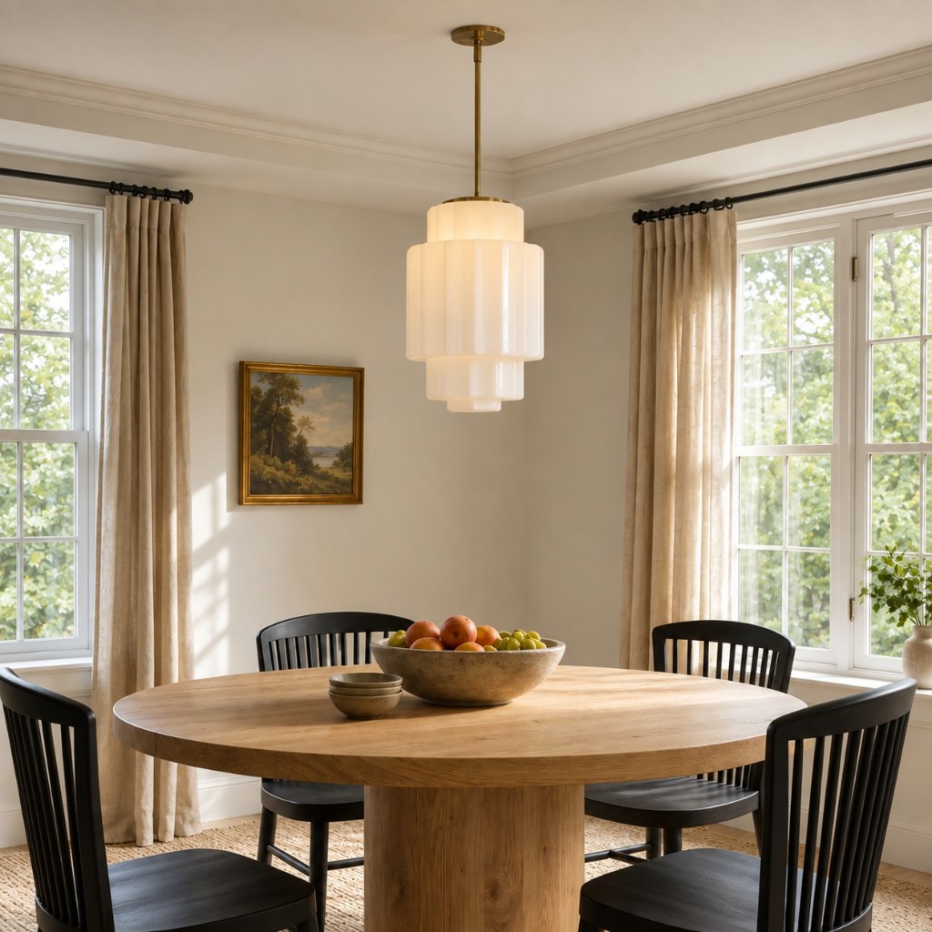 Grote, melkwitte slinger boven de eettafel