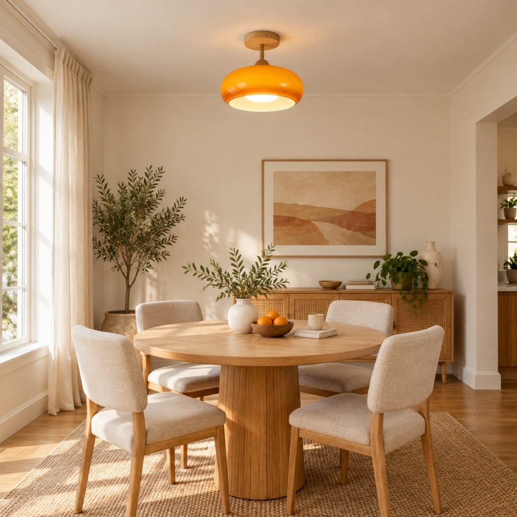 Oranje Bauvia plafondlamp boven een eettafel