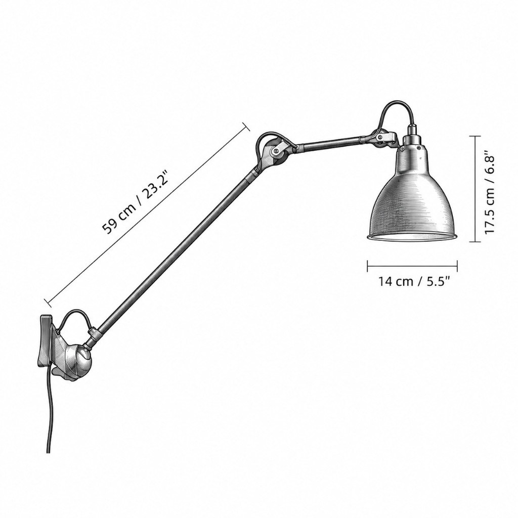 Maattekening model B, arm 59 cm, hoogte kap 17,5 cm, diameter 14 cm