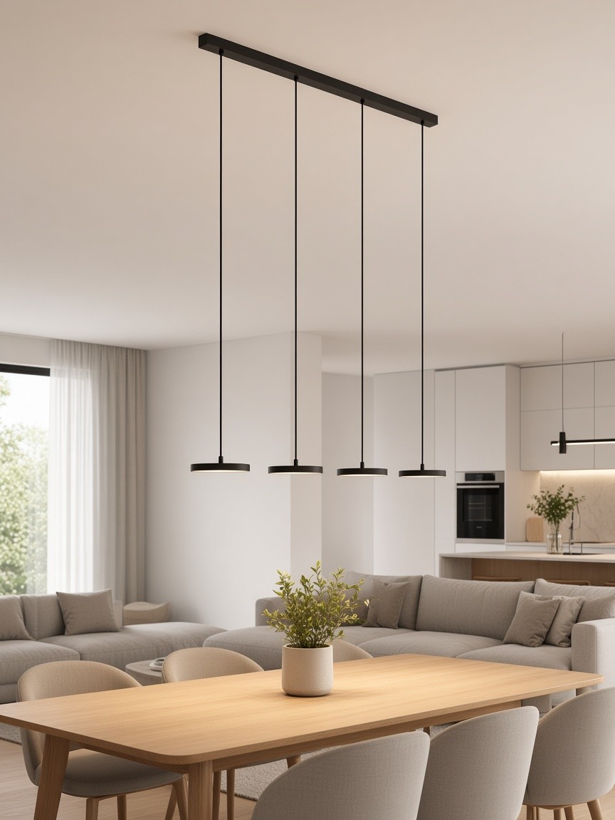 Zwarte hanglamp met 4 lichtpunten in een open keuken/woonkamer.