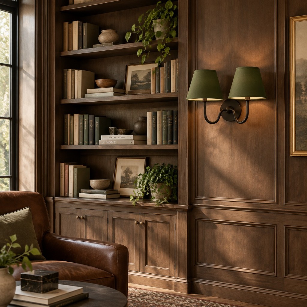 Donkere wandlamp met twee lichtpunten en groene kappen naast de boekenkast.