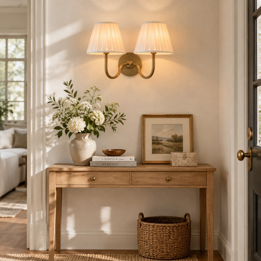 Luvora 2-lichts messing wandlamp met witte geplooide kappen in de hal