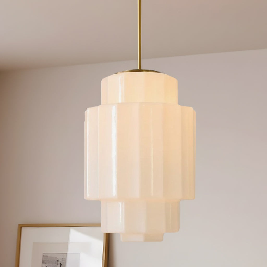 Antique Brass Tiered Opal White Glass Pendant Light