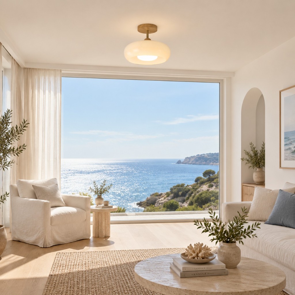 Witte Bauvia plafondlamp in een woonkamer vlakbij de kust.