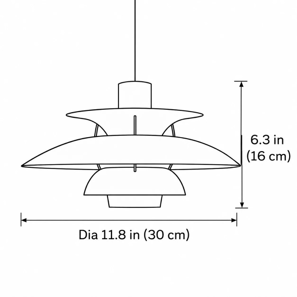 Lijntekening, diameter 11,8 inch of 30 cm, hoogte 6,3 inch of 16 cm