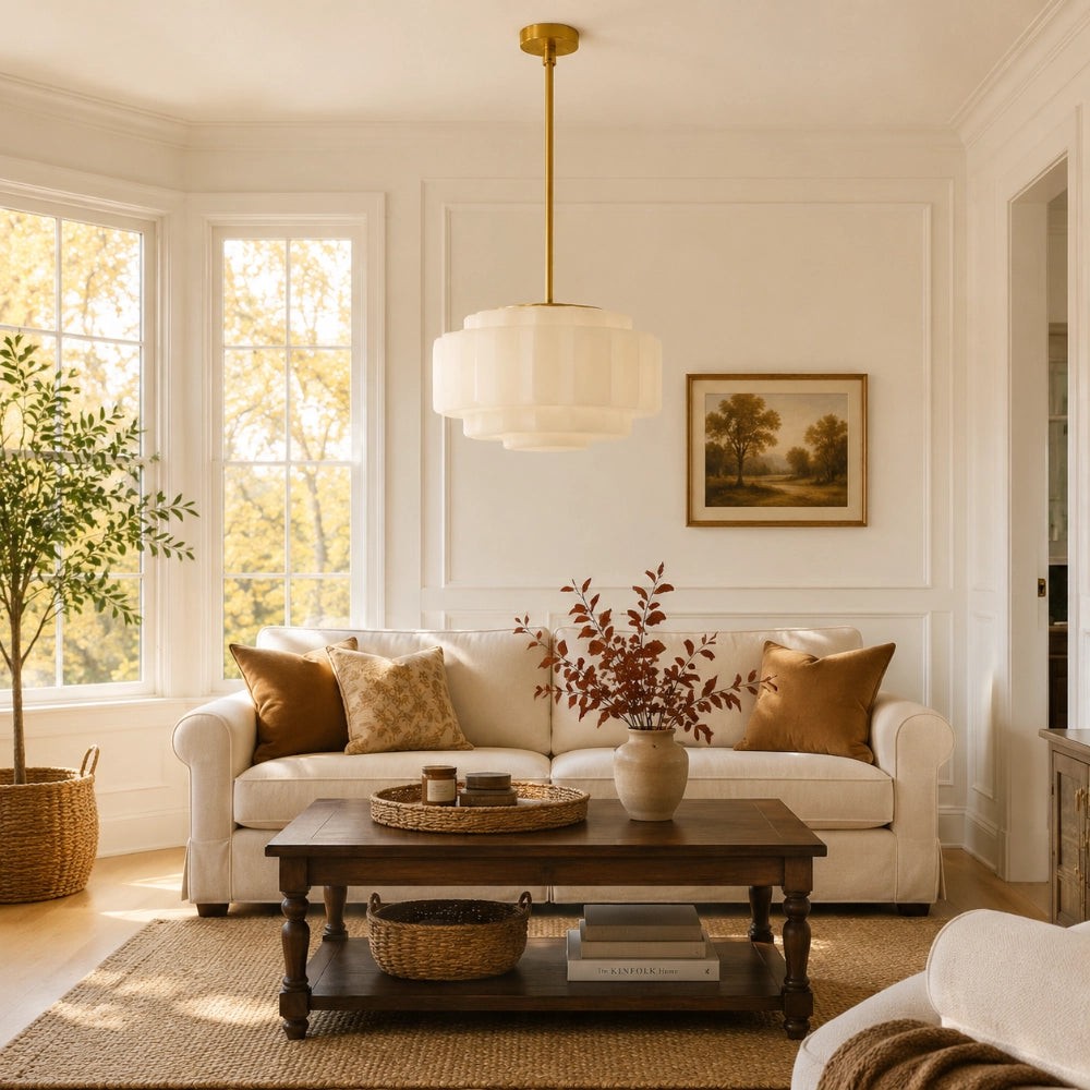 Antique Brass Tiered Opal White Glass Pendant Light