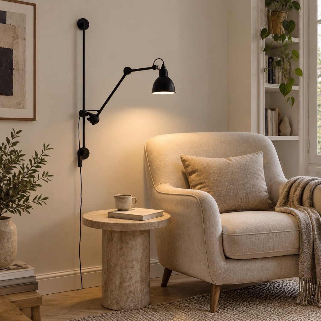 Zwarte Articula draaibare lamp naast een leesstoel