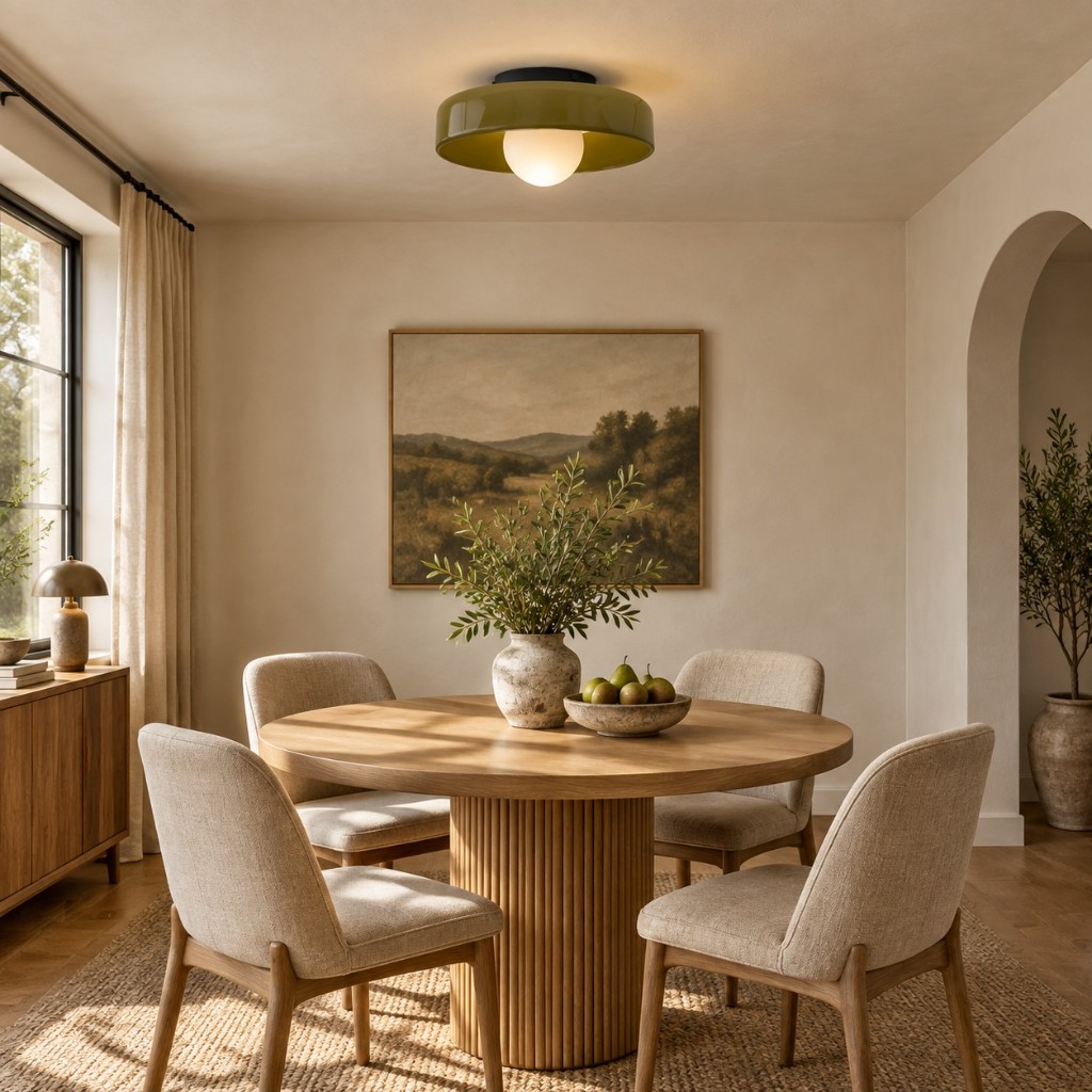 Olijfgroene Glasenti Halo-lamp in de eetkamer