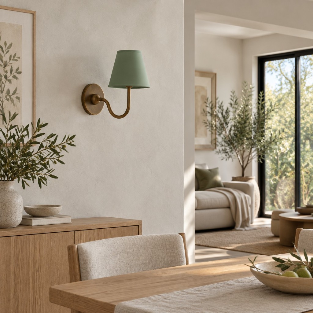 Luvora wandlamp in saliegroen boven het dressoir in de eetkamer.