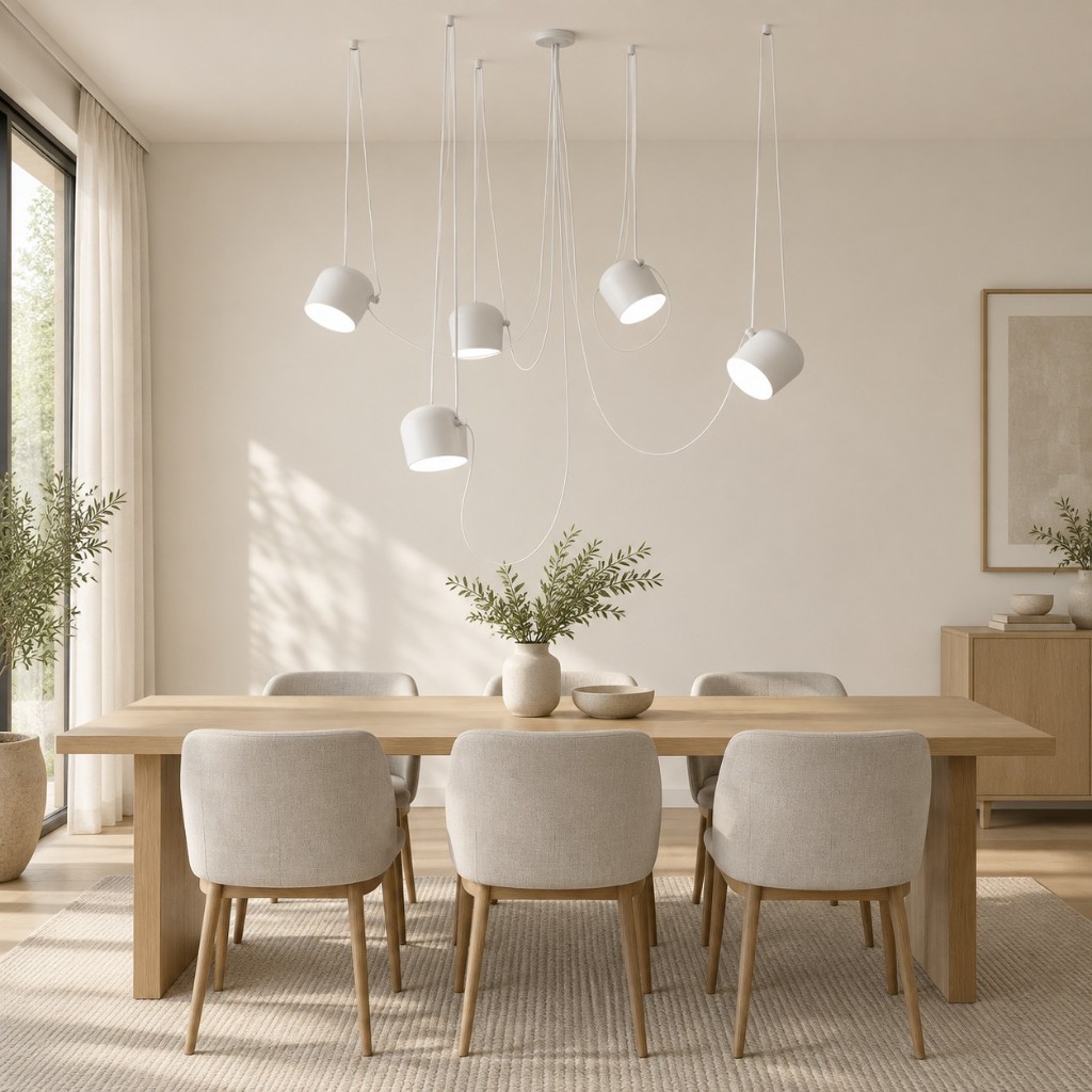 Witte hanglamp met 5 lichtpunten boven een eettafel.
